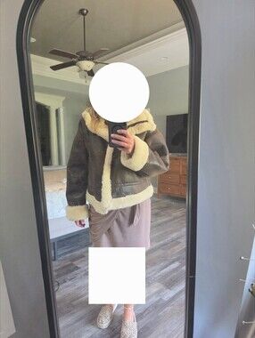 Brown Faux Shearling Aviator Jacket with Cream Trim